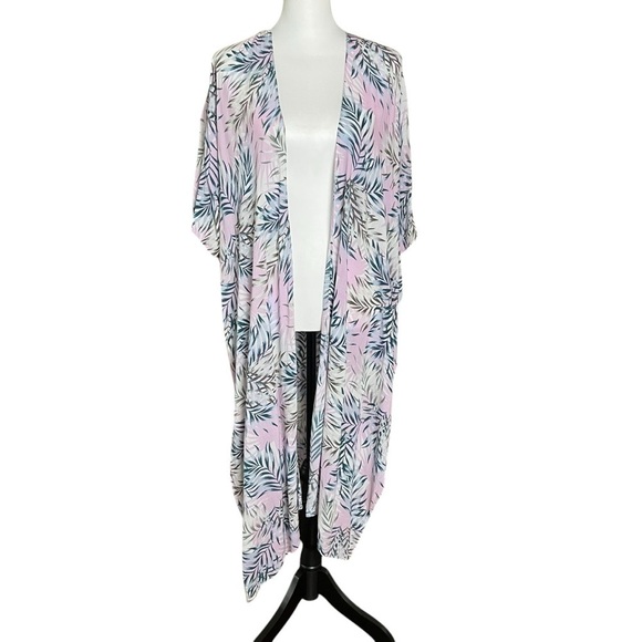 Torrid Kimono Women’s M/L Pink Open Front Duster Swim Cover Up Palm Leaf Floral - Picture 3 of 9